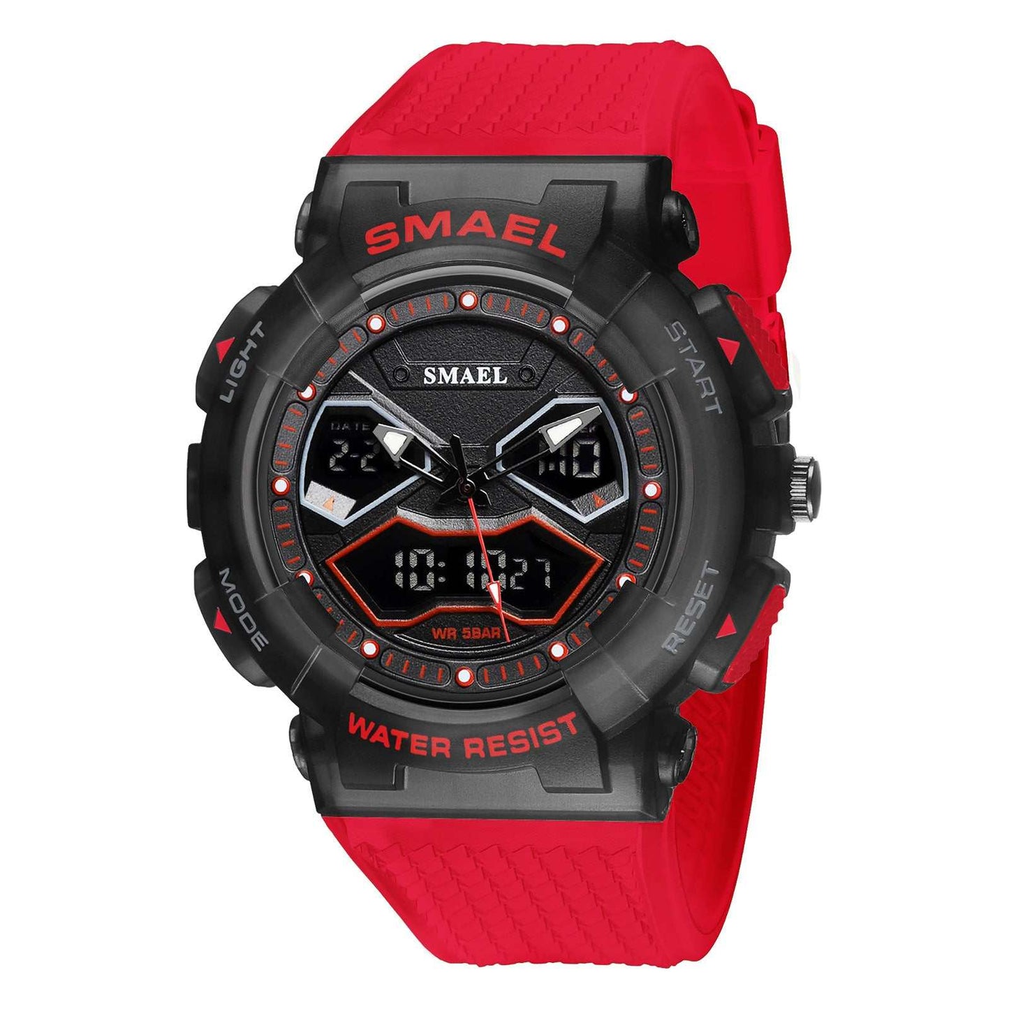 Double display digital men's electronic watch with red strap and black dial, water resistant and multifunctional design
