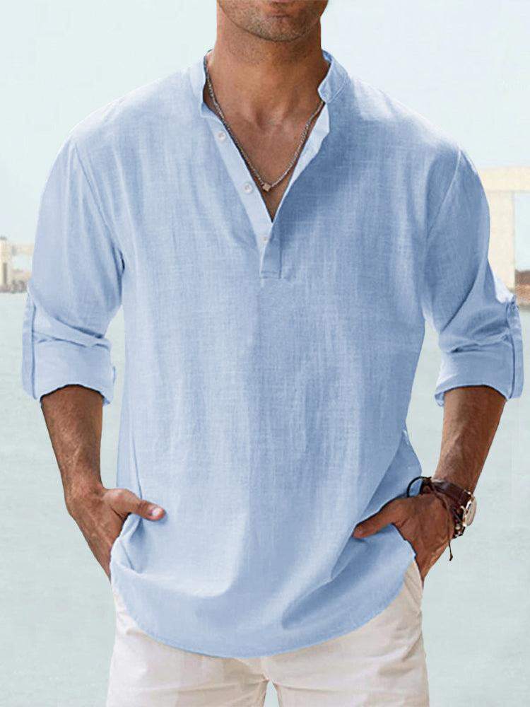Men's light blue linen long sleeve stand-up collar shirt with loose fit and button placket