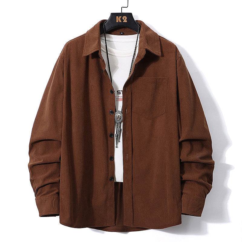 European size men's long sleeve brown corduroy shirt with button-down front and chest pocket