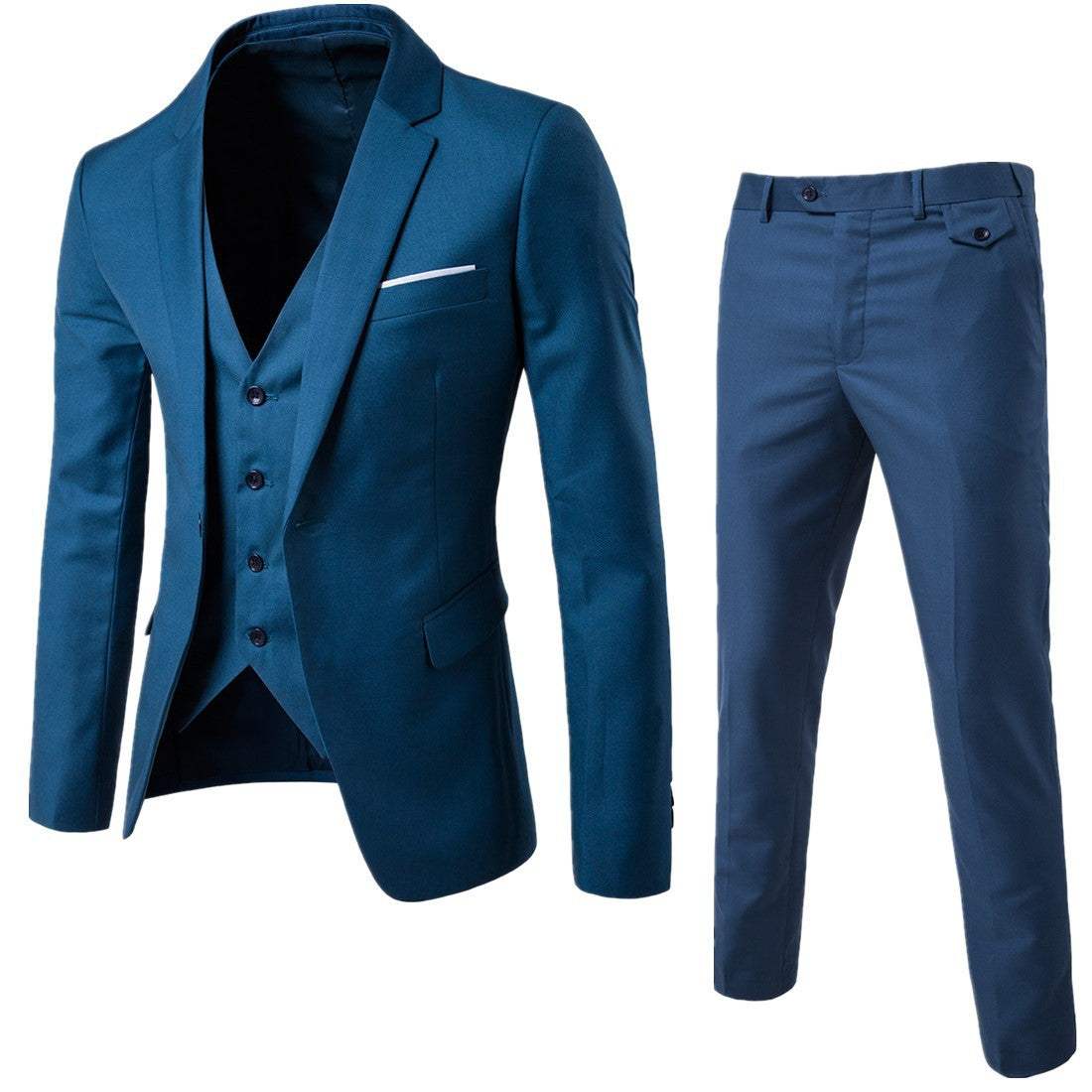 Slim fit two-piece mens suit set in blue cotton inspired by Korean style with blazer, vest, and trousers.