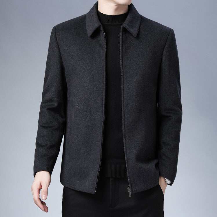 Black wool woolen men's lapel jacket with zip closure, styled for a modern urban look
