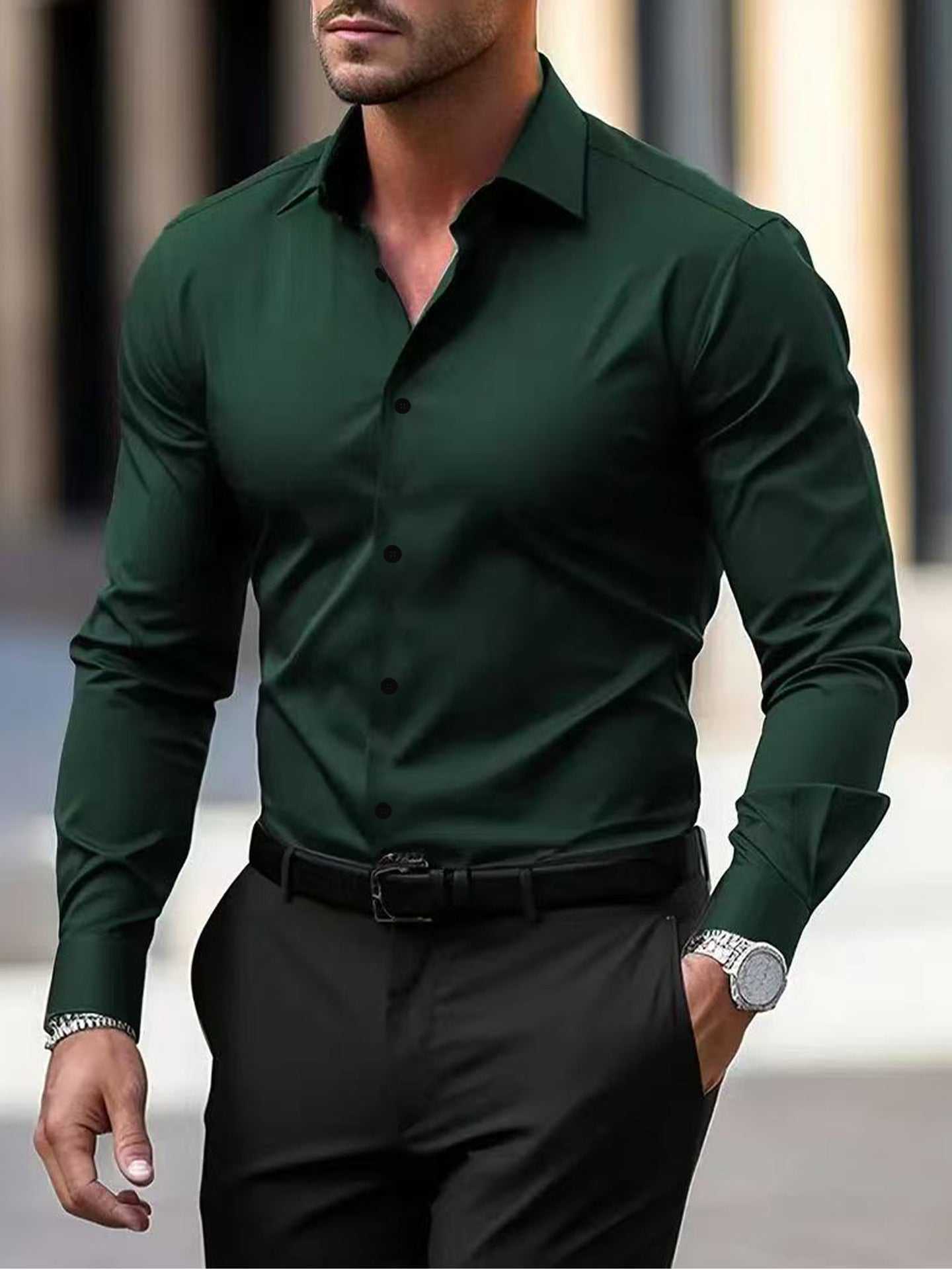 Mens long sleeve slim fit formal business shirt in dark green with button-up front and spread collar