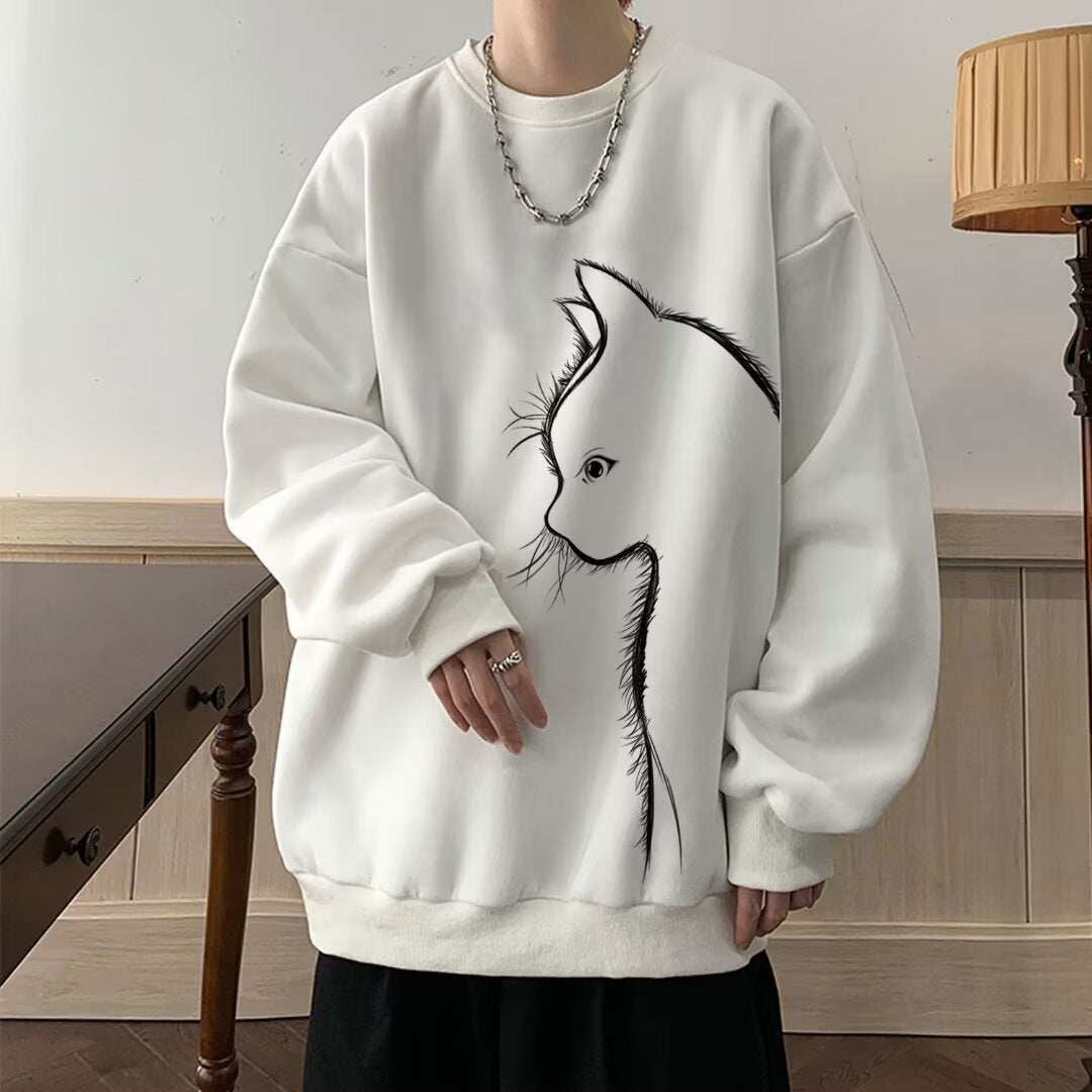 White long sleeve sweater with round neck and black cat illustration on front