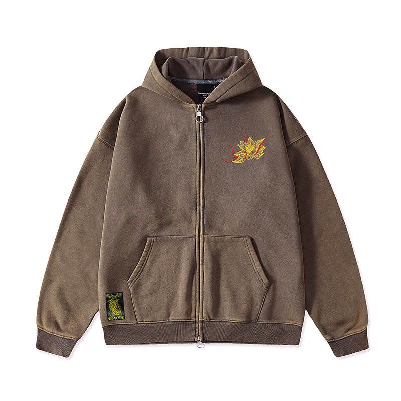 Brown winter fleece-lined hoodie with front zipper, hood, embroidered yellow lotus flower, and kangaroo pockets.