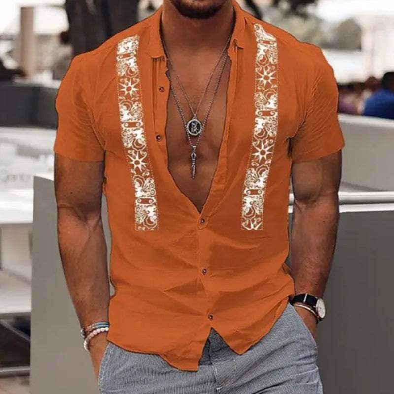 Men's orange short sleeve Hawaiian shirt with white floral stripes, casual beachwear