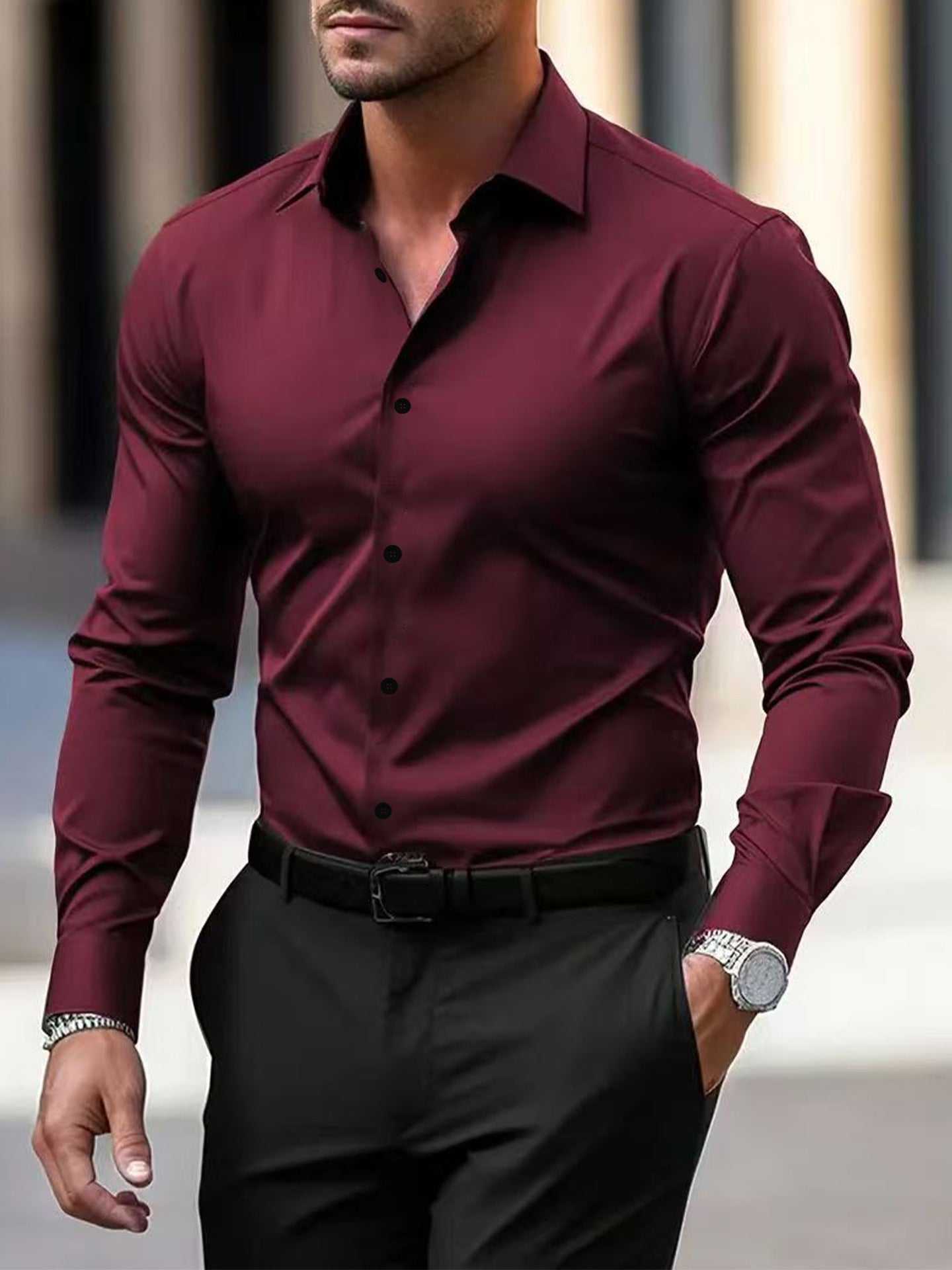 mens long sleeve slim fit business formal shirt in deep burgundy with button-up front and long sleeves