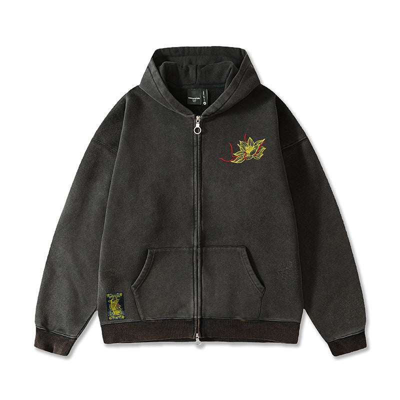 Men's winter fleece-lined hoodie with vintage Chinese style embroidery and zip front closure
