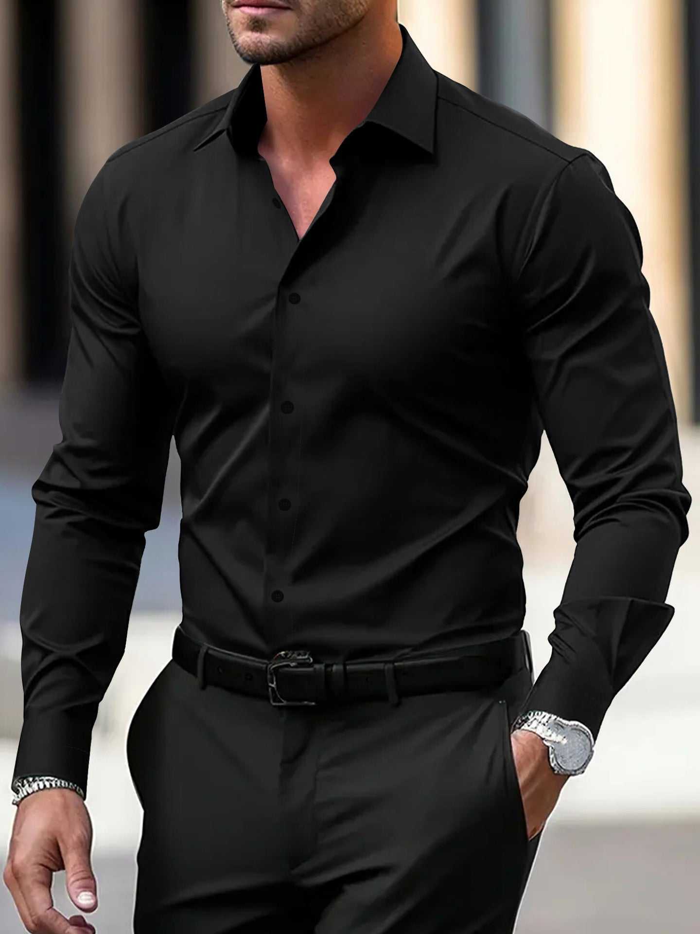 Mens long sleeve slim fit black formal shirt with cardigan-style cut for business wear