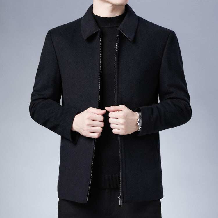 Men's black wool woolen lapel jacket with a sleek tailored design and zipper closure for a stylish urban look