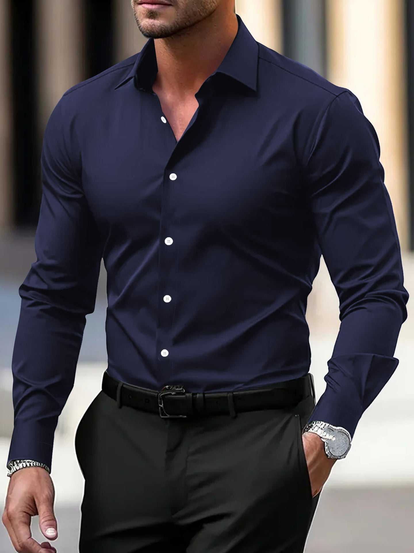 Mens long sleeve slim fit business formal shirt in navy blue with button front and tailored fit