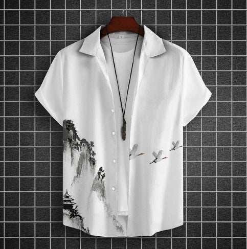Plus size casual white short sleeve shirt with 3D digital mountain and bird print, loose fit summer cardigan style