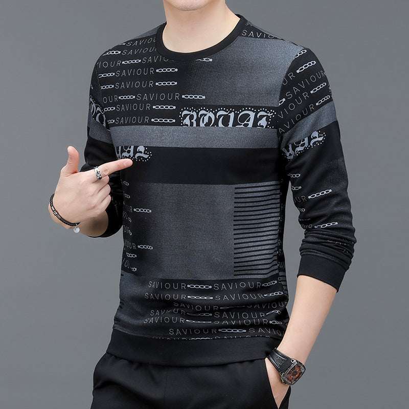 Men's spring and autumn long sleeve sweater with slim fit and patterned design, lightweight and breathable for layering.