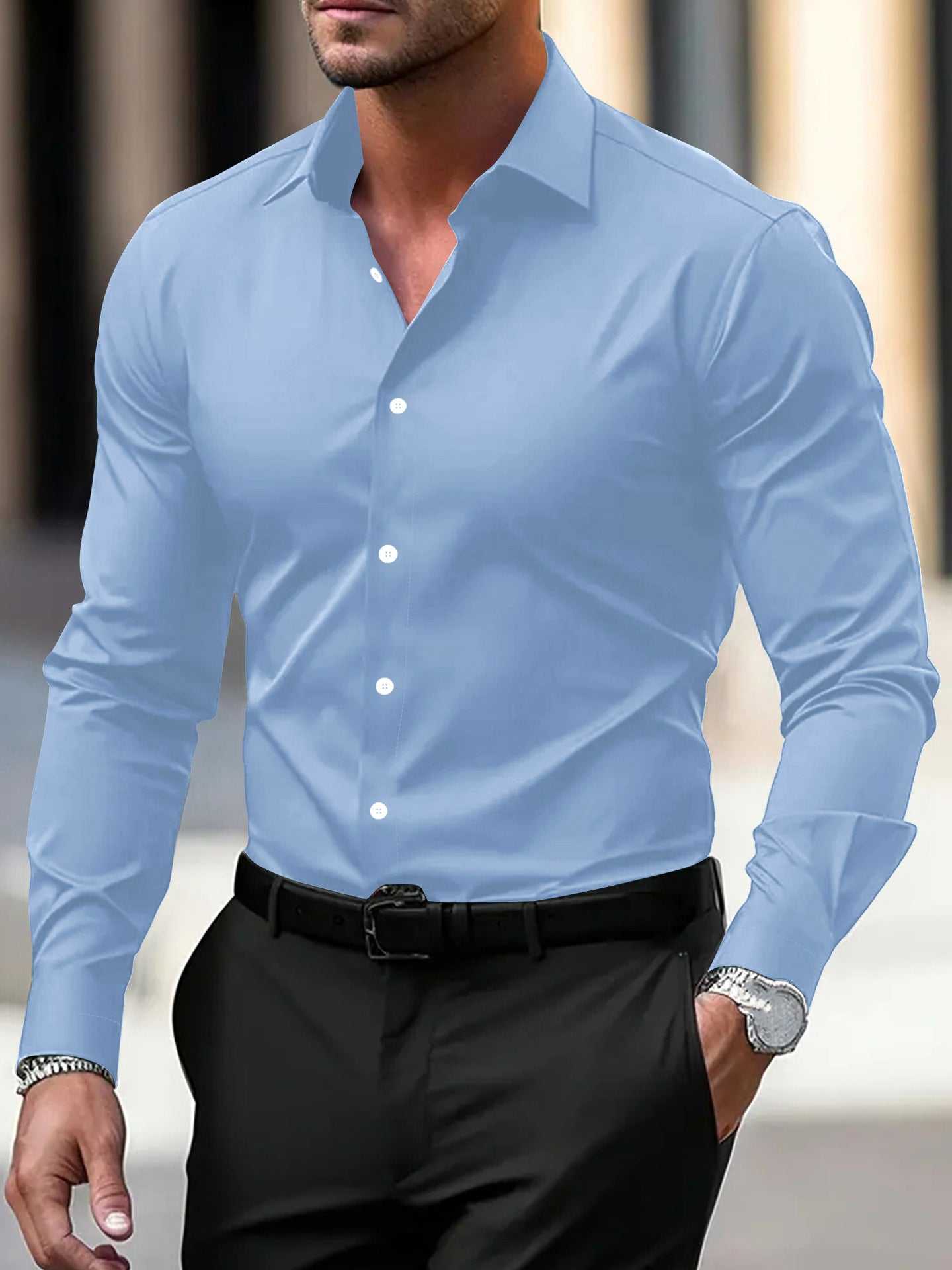 Mens long sleeve slim fit business formal shirt in light blue with button closure and spread collar