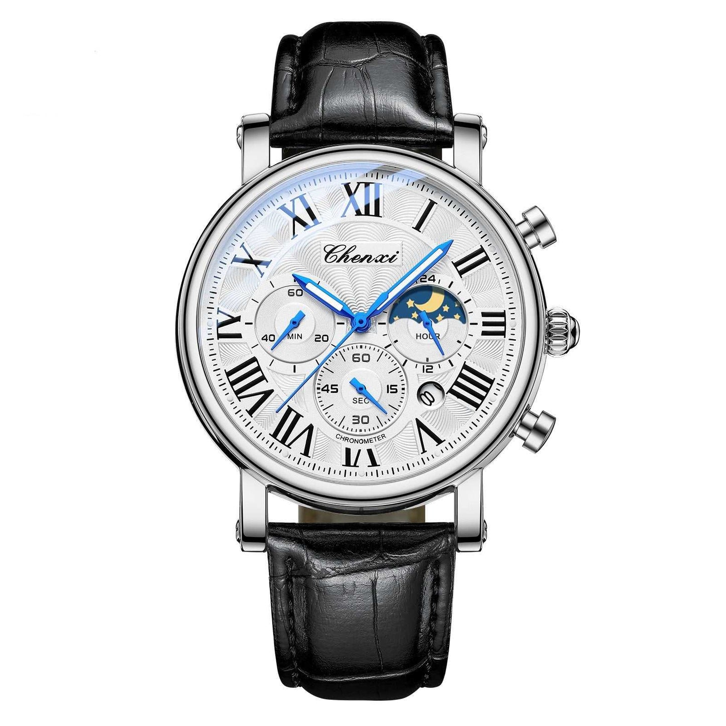 Men's multifunctional waterproof watch with alloy case, black leather strap, Roman numeral dial, and day-date-24 hour subdials