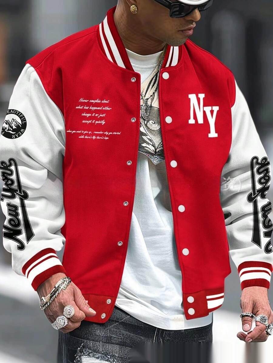 Red and white baseball uniform jacket with NY logo and "New York" text on sleeves, sporty ribbed cuffs, and snap buttons.