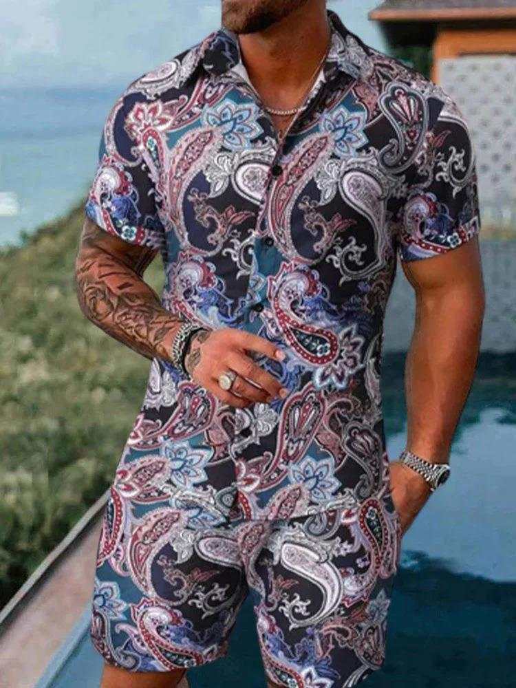 Men's short sleeve polo collar shirt and matching shorts with vibrant 3D floral print, perfect for summer and casual wear.