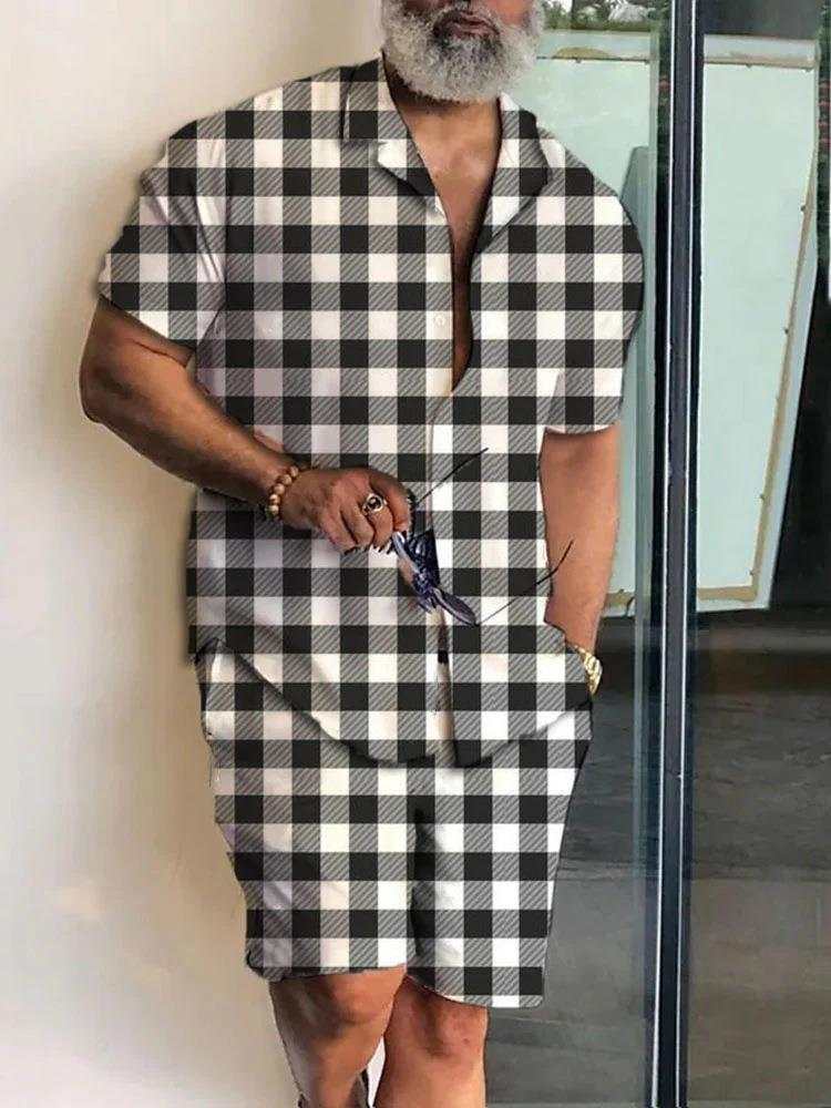 Man wearing short sleeve black and white checkered polo collar shirt and matching shorts set