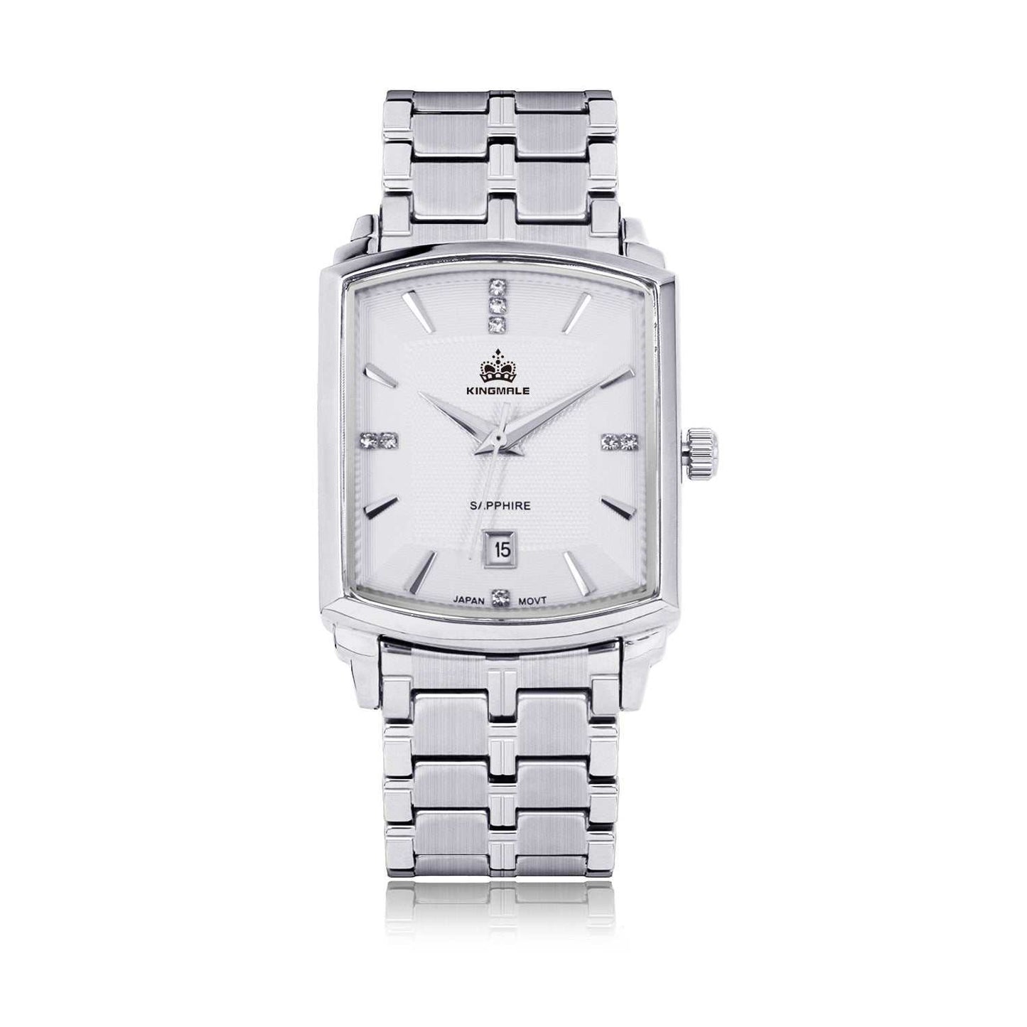 Men's square waterproof quartz watch with silver metal band and white dial