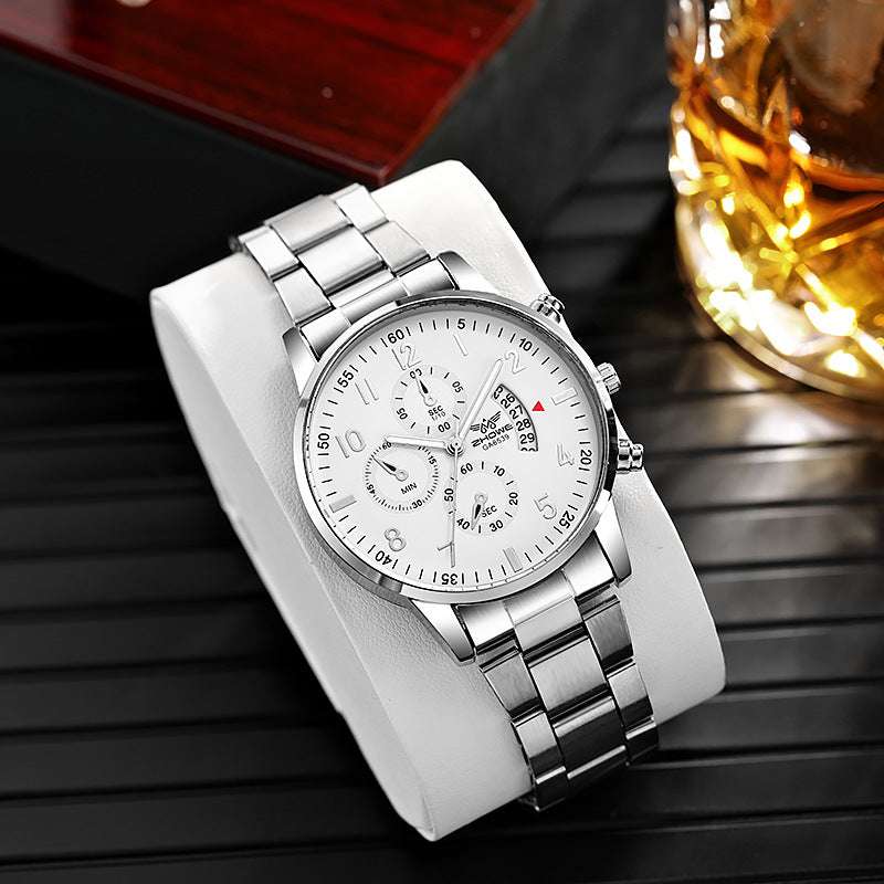 Silver men's multifunctional quartz watch with white dial and stainless steel band on display cushion