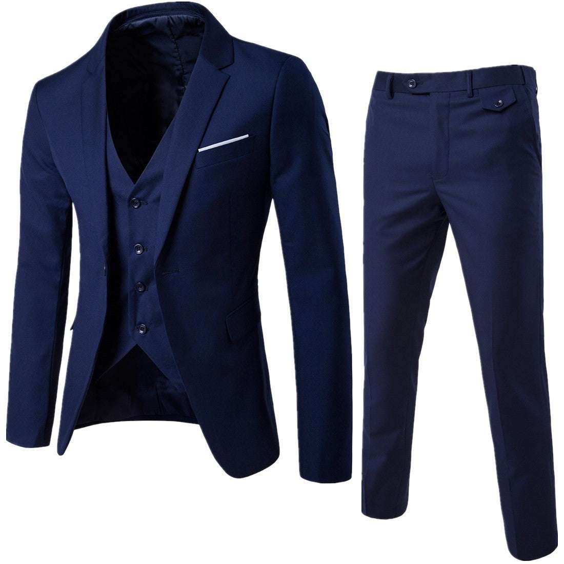 Slim fit navy blue mens suit set with blazer, vest, and trousers in Korean style cotton fabric