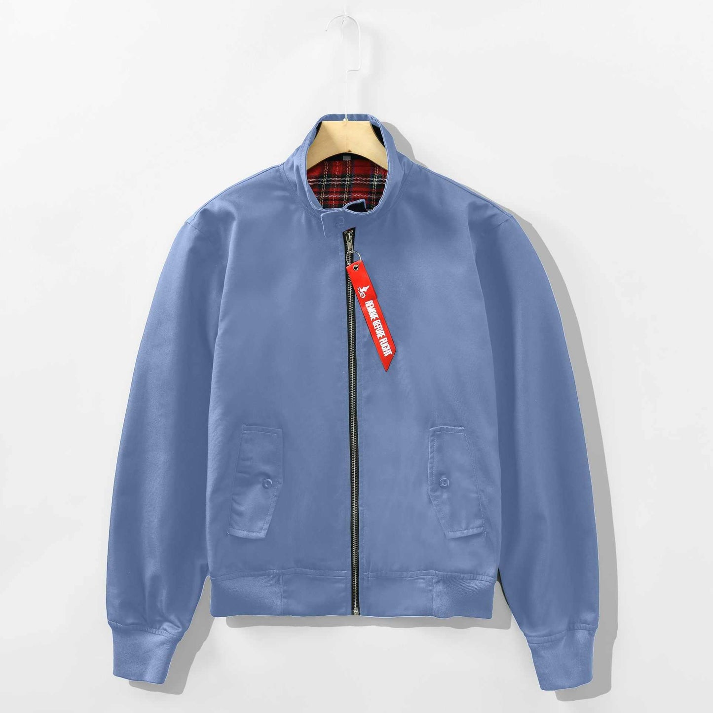 Slim European stand collar casual men's coat jacket in blue with zipper and front pockets