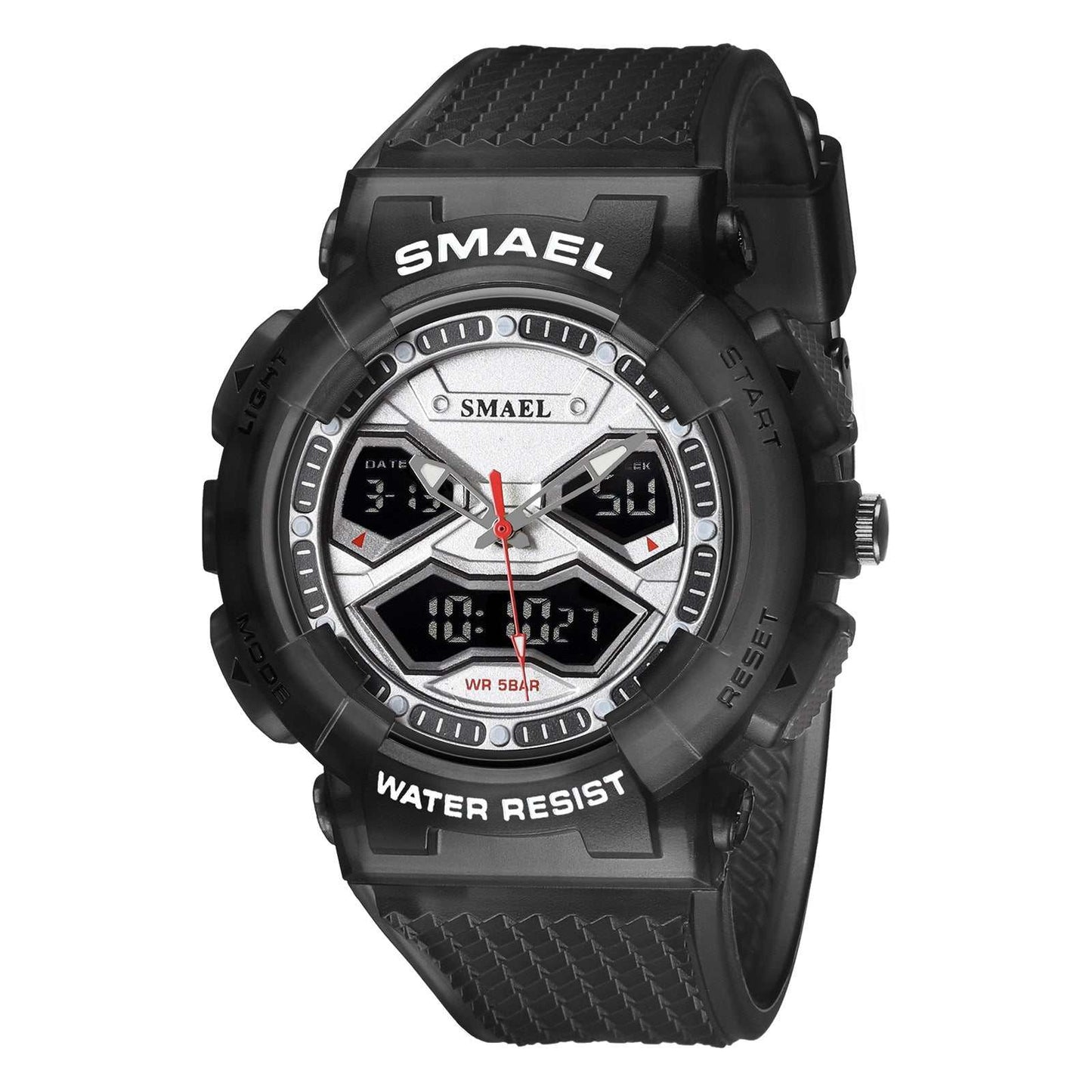 Black men's double display digital electronic watch with durable strap and water resistance