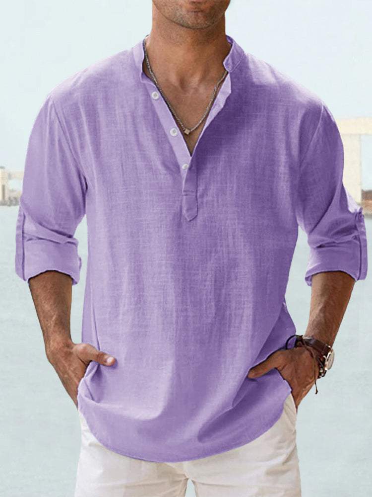 Men's linen long sleeve stand-up collar loose fit T-shirt in light purple color.