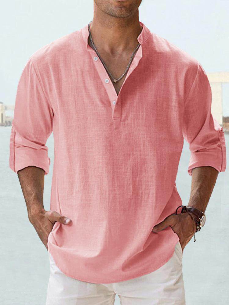 Men's linen stand-up collar long sleeve loose fit pink undershirt
