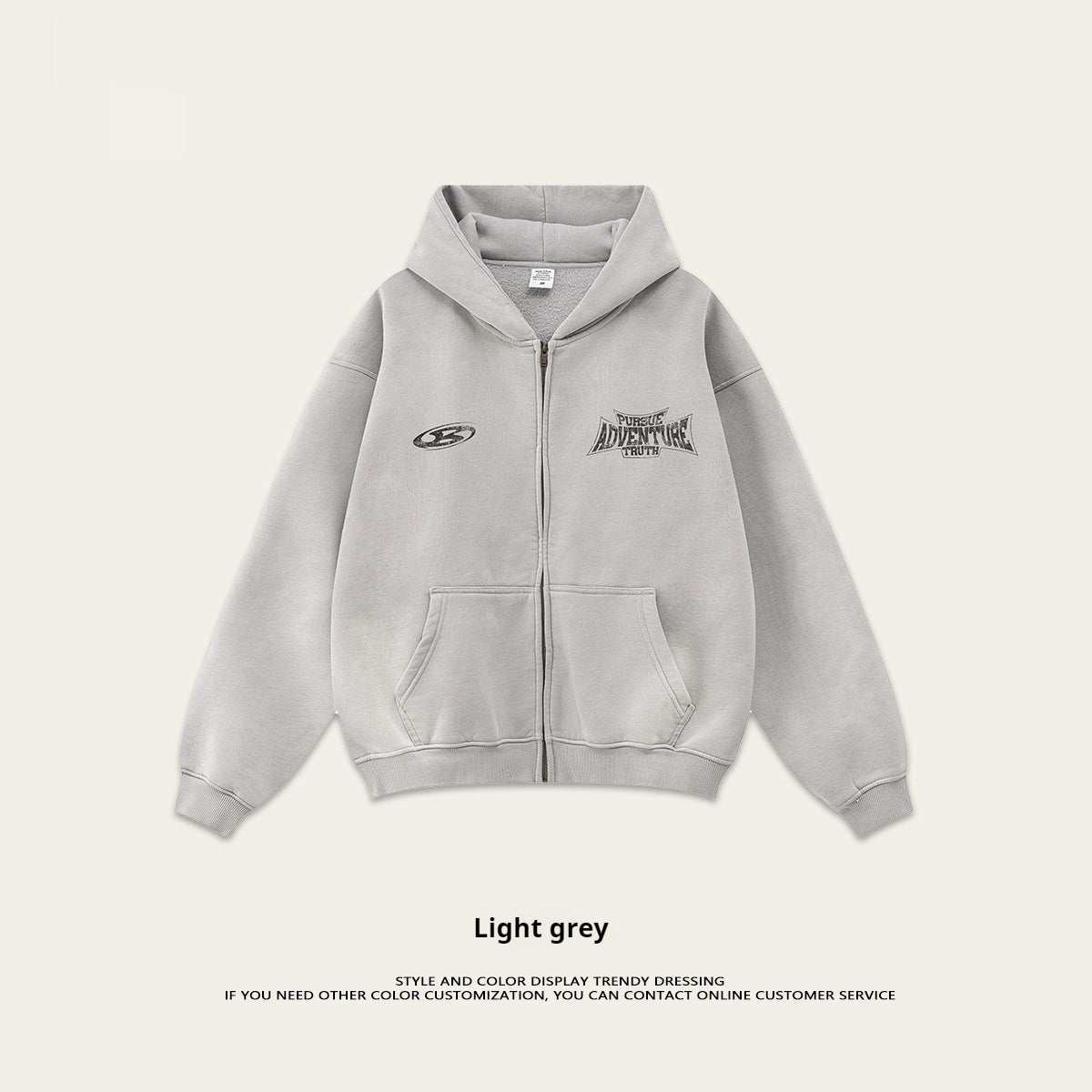 Light grey retro fashion brand distressed oversized loose fleece zipper sweater with hood and front pockets