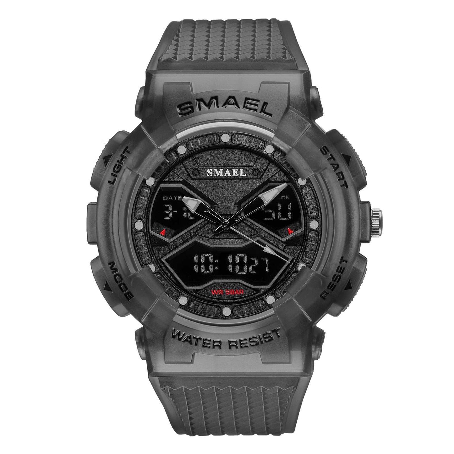 Double display digital electronic men's watch with black rugged design and dual time features