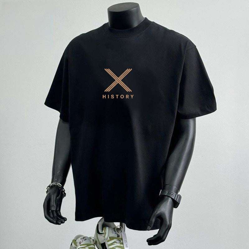 Black cotton loose heavy fashion short sleeve t-shirt with "HISTORY" graphic print