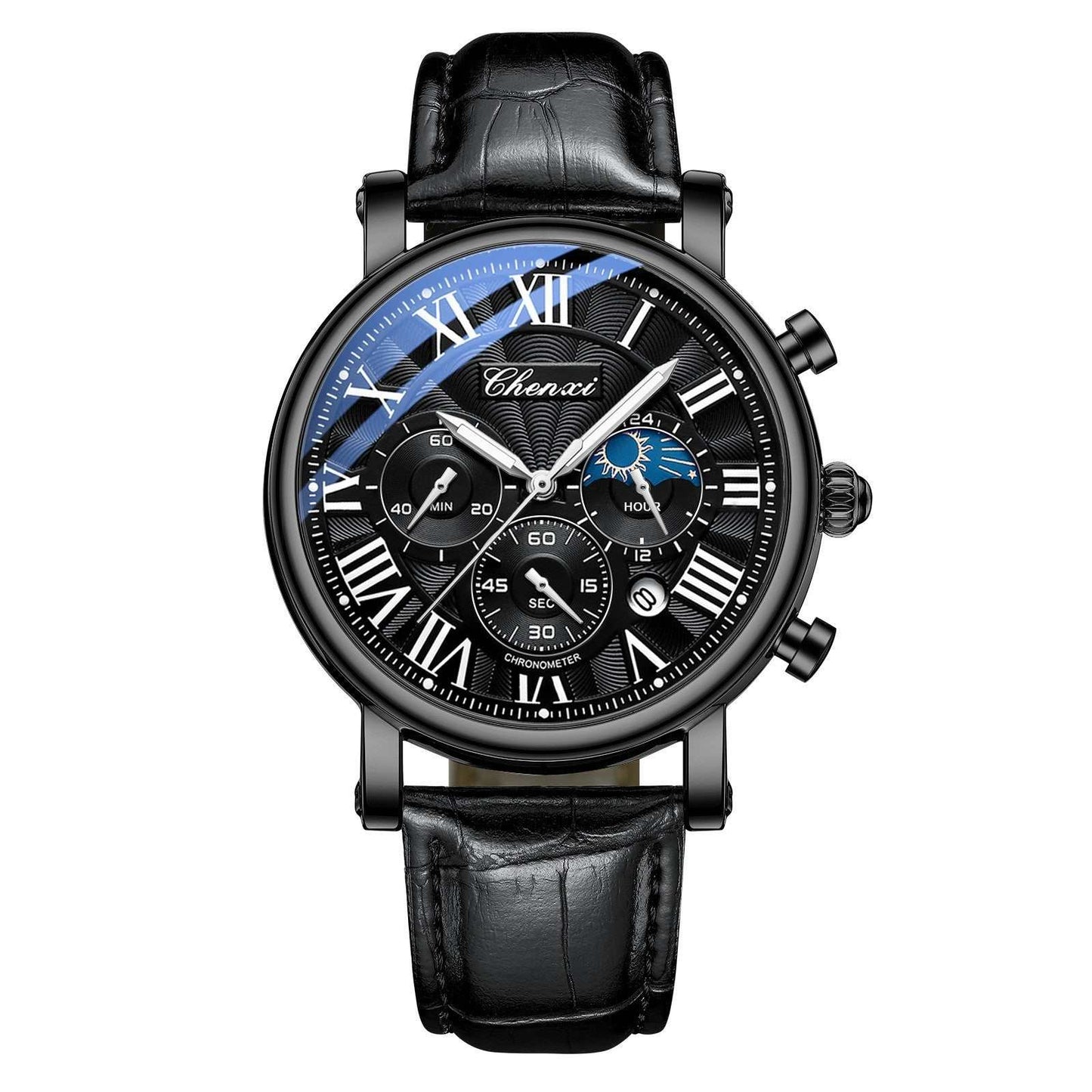 Men's multifunctional waterproof watch with alloy case, black leather strap, and detailed black dial with Roman numerals and subdials.