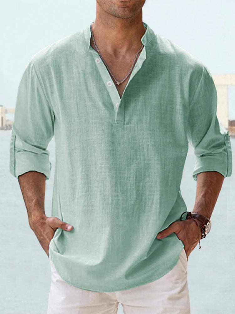 Men's linen stand-up collar long sleeve loose fit T-shirt in light green breathable fabric