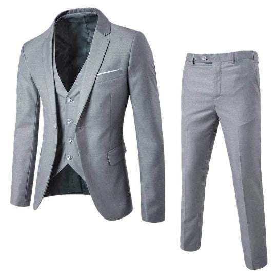Grey slim fit mens suit set with jacket, vest, and trousers in Korean style cotton fabric