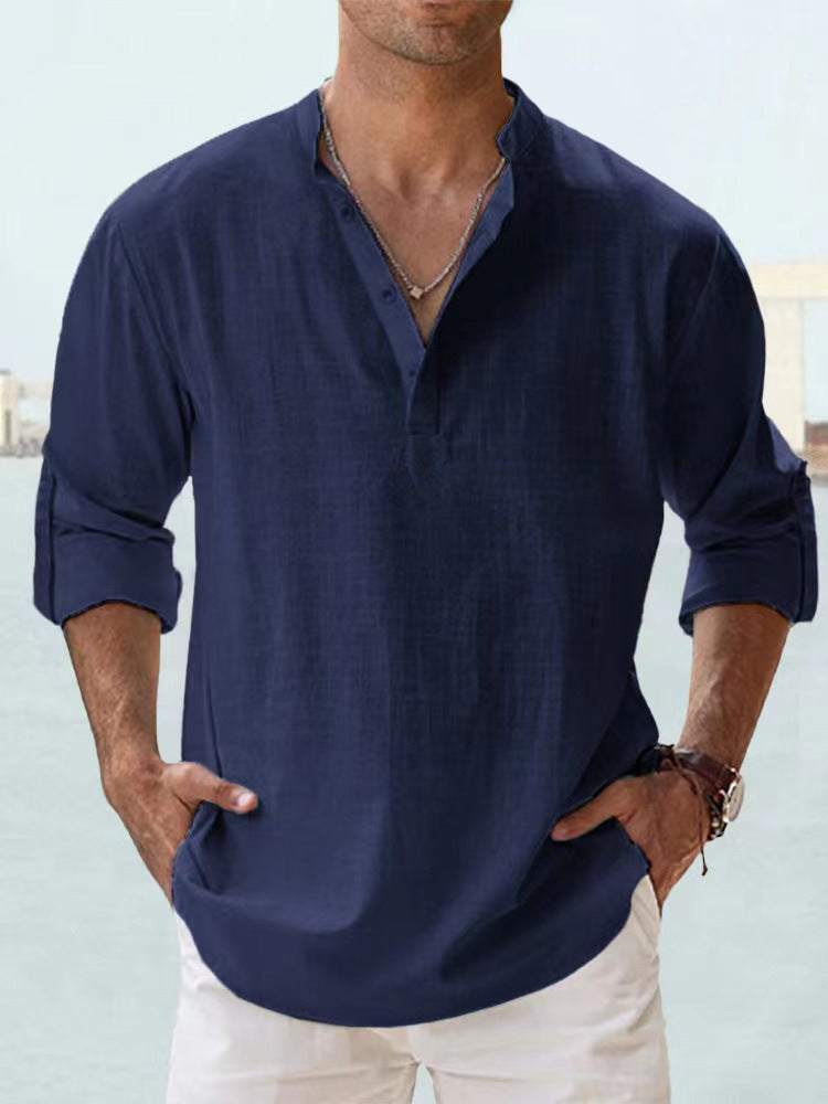 Men's navy linen long sleeve T-shirt with stand-up collar and loose fit