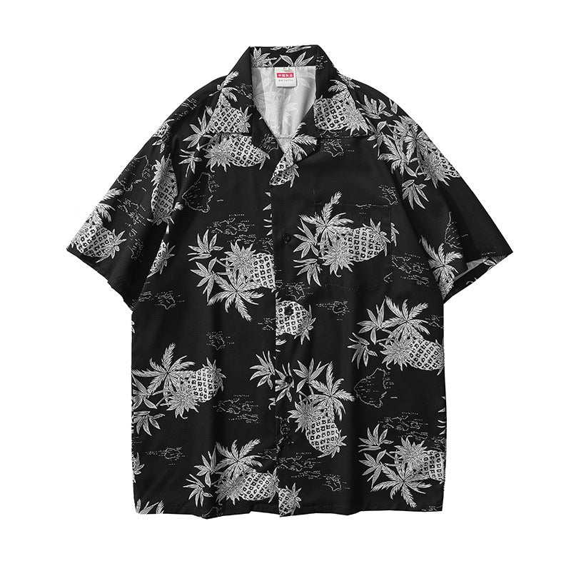 American Retro Classic men's black Cuban collar shirt with white pineapple print and attached bow tie