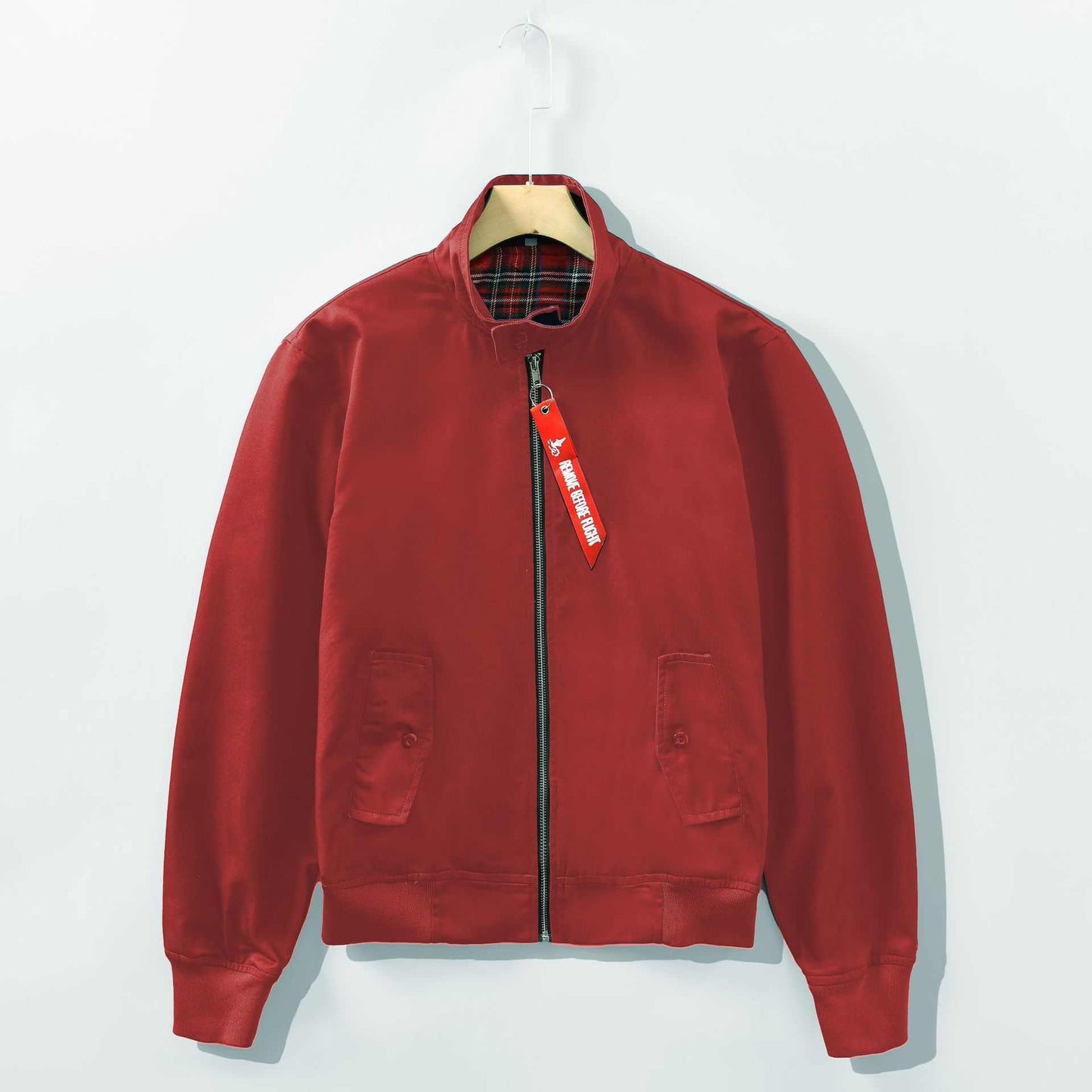 Red European stand collar slim casual men's coat jacket with front zipper and pockets on hanger