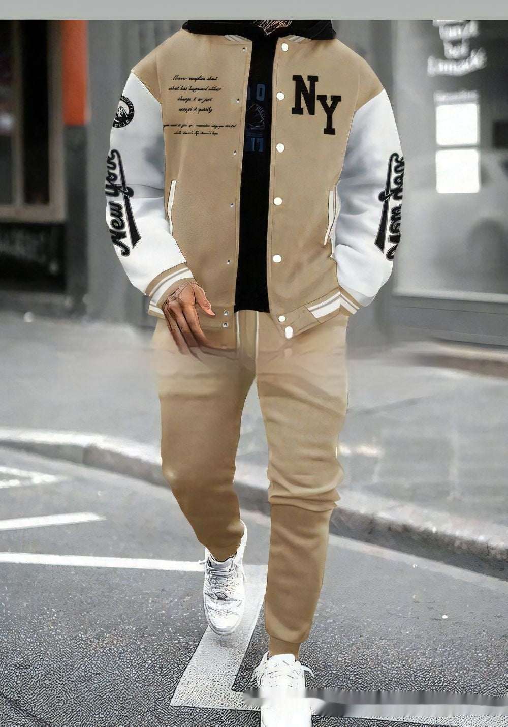 Men's baseball uniform jacket in beige and white with NY lettering and sporty design