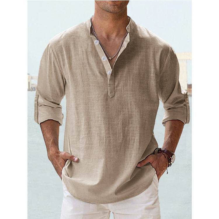 Men's linen stand-up collar long sleeve loose fit undershirt in beige color