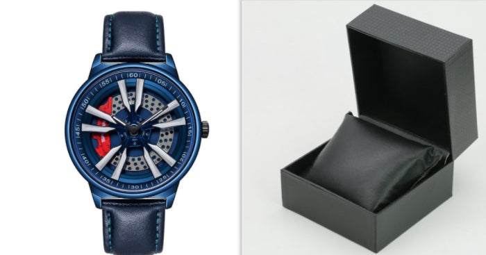 Mens Creative Cool Dial rotating wheel quartz watch with blue leather strap and black gift box