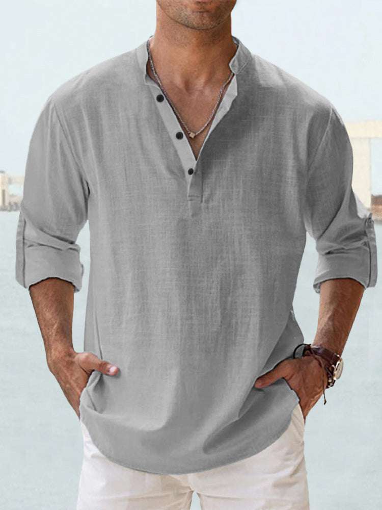 Men's linen stand-up collar long sleeve loose fit T-shirt in light gray with button detail and rolled-up sleeves