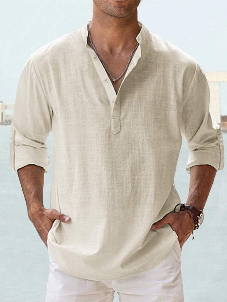 Men's linen stand-up collar long sleeve loose fit undershirt in beige breathable fabric