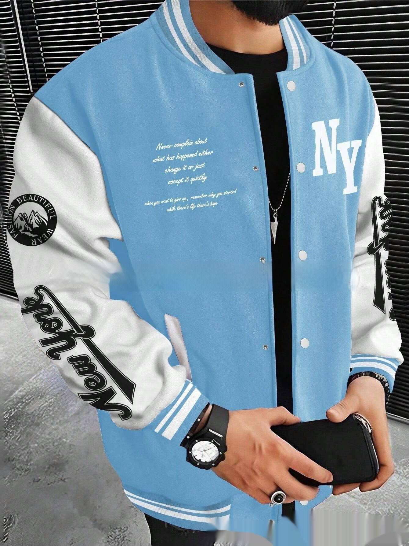 Light blue and white baseball uniform jacket with NY logo and black text on sleeve, worn with black shirt and accessories