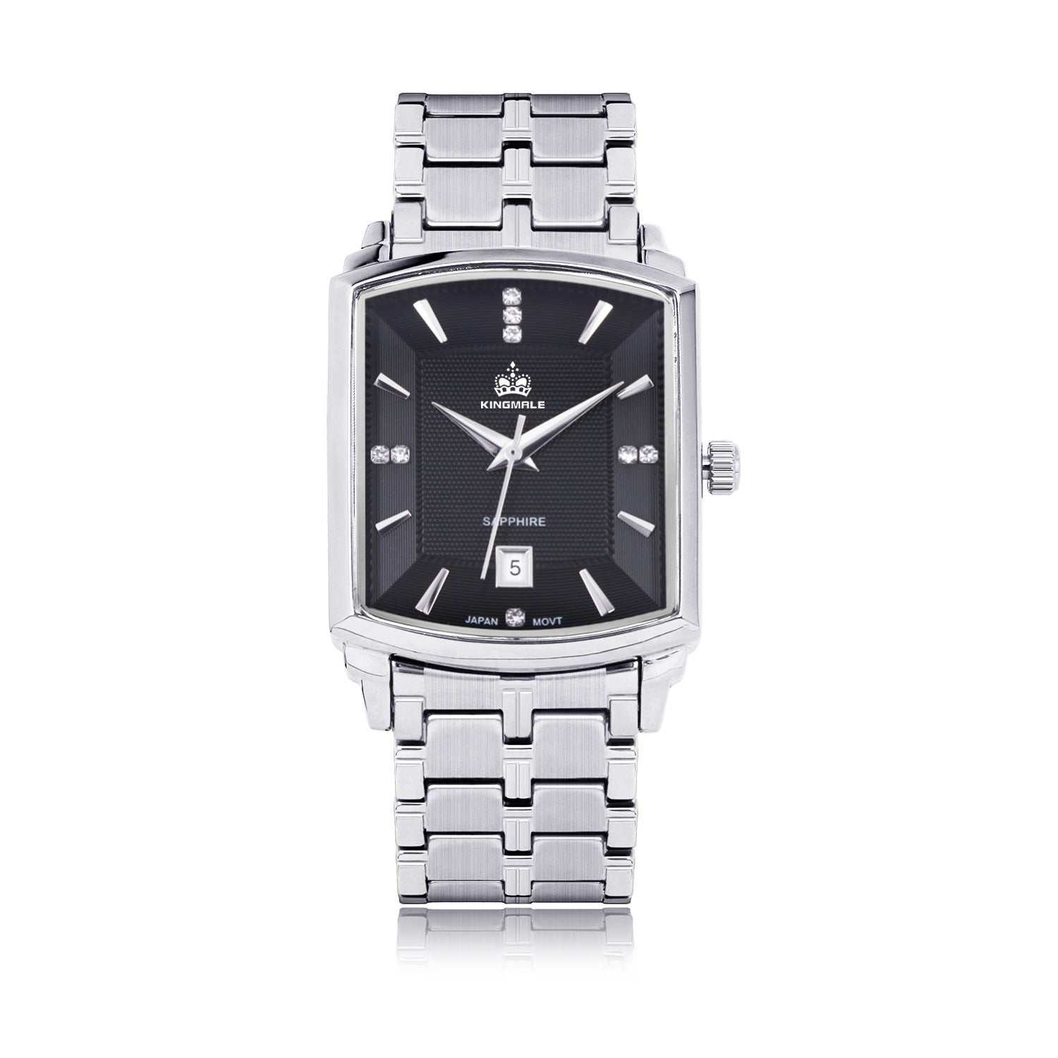 Men's square waterproof quartz watch with black dial and silver metal band, modern and durable design