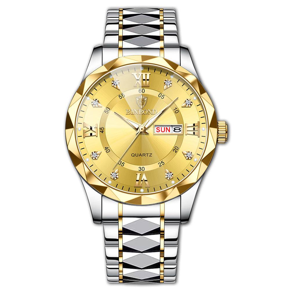 Waterproof luminous dual calendar men's watch with gold and silver stainless steel band and day-date display