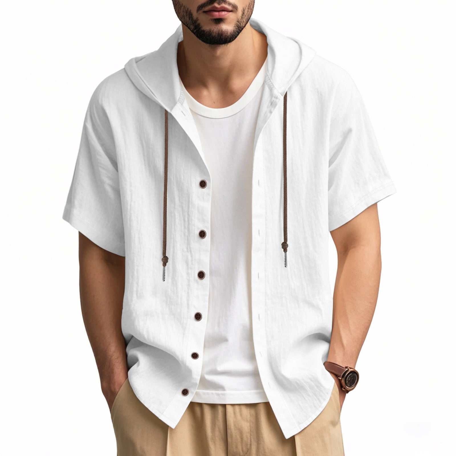 Men's loose white hooded short-sleeved linen shirt with buttons