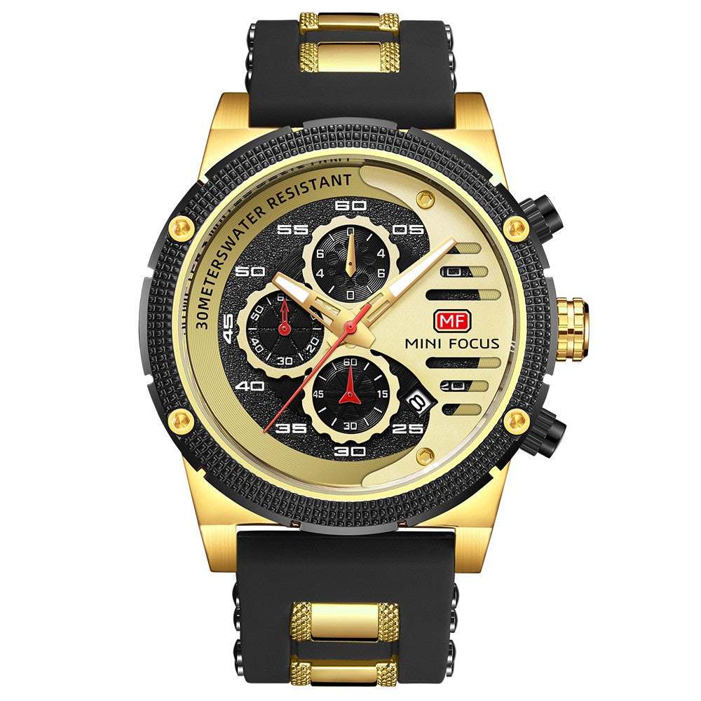 Men's waterproof quartz sports watch with luminous dial, multifunctional stopwatch, date display, and black rubber strap with gold accents