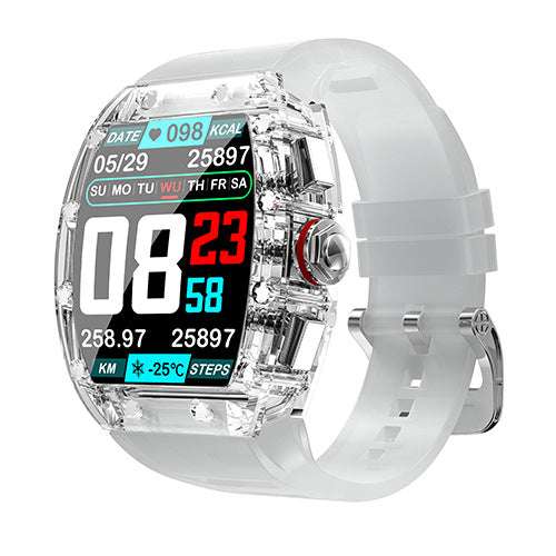 Fashion YD5 Smart Mechanical Watch with transparent case, white strap, and multi-function digital display