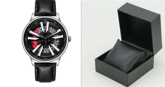 Mens Creative Cool Dial rotating wheel quartz watch with black leather strap and modern design, shown with black presentation box