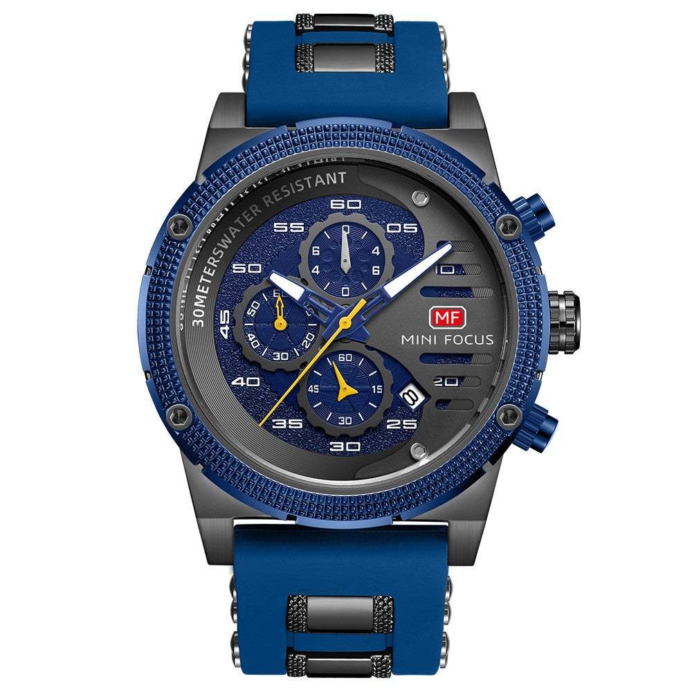 Blue multifunctional men's waterproof quartz sports watch with luminous dial and stopwatch features